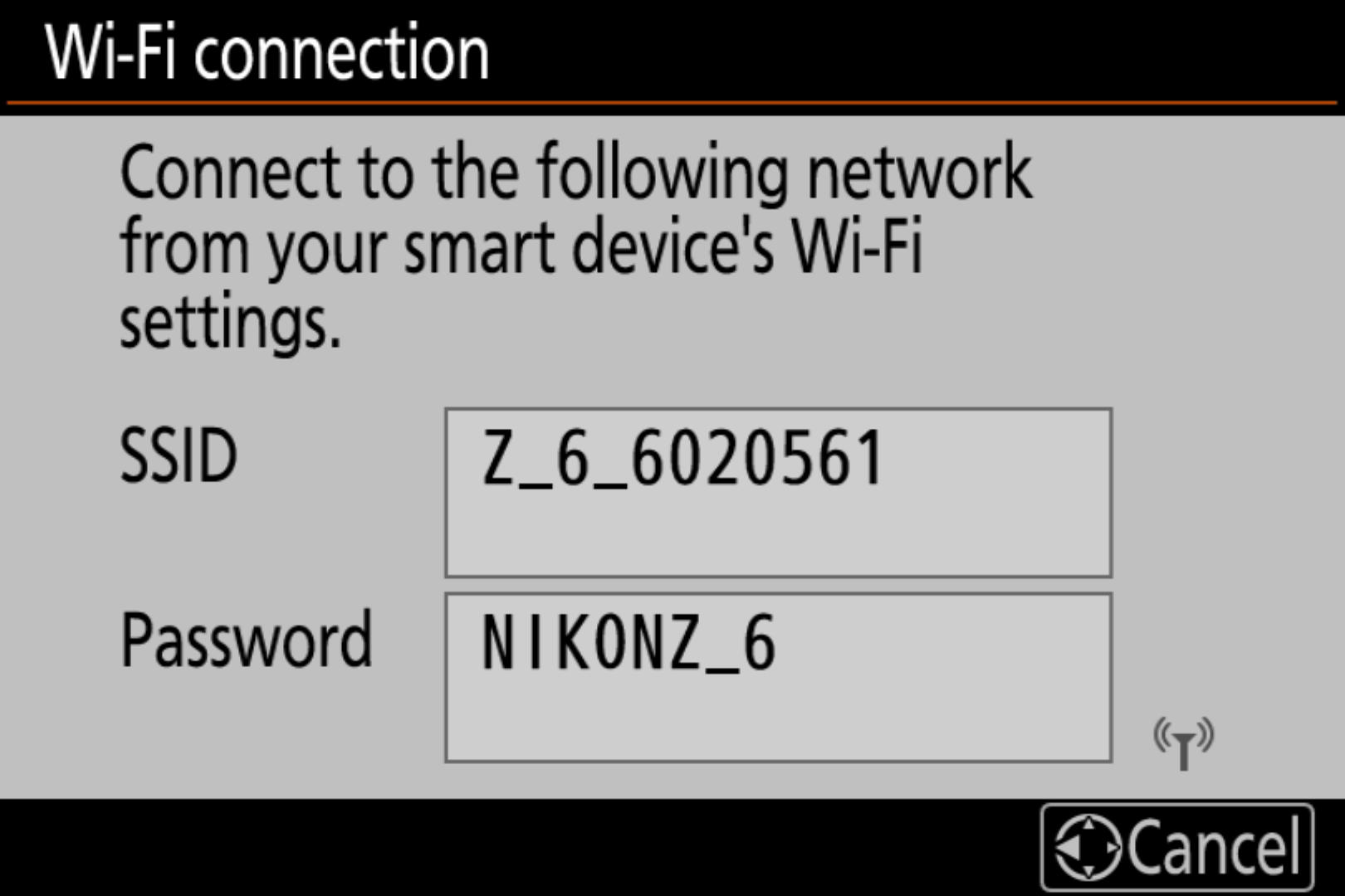Nikon WiFi Network Screen